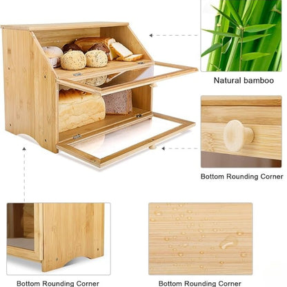 Bamboo Bread Bin with Transparent Window, 2-Layer, Bread Box Large Capacity Bread Storage for Kitchen, Kitchen Countertop Bread Box for Bread, Sushi, Pastries, Biscuits, Breakfast, Natural/ Black, 15.55*9.84*12.60 Inch