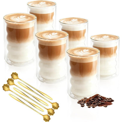 This 6-pack of double, walled glass coffee cups, each with a 330ml (11oz) capacity, keeps drinks hot or cold. Includes 6 spoons and is dishwasher safe. Perfect for serving tea, cappuccino, and latte at home, in a cafe, or in the office.