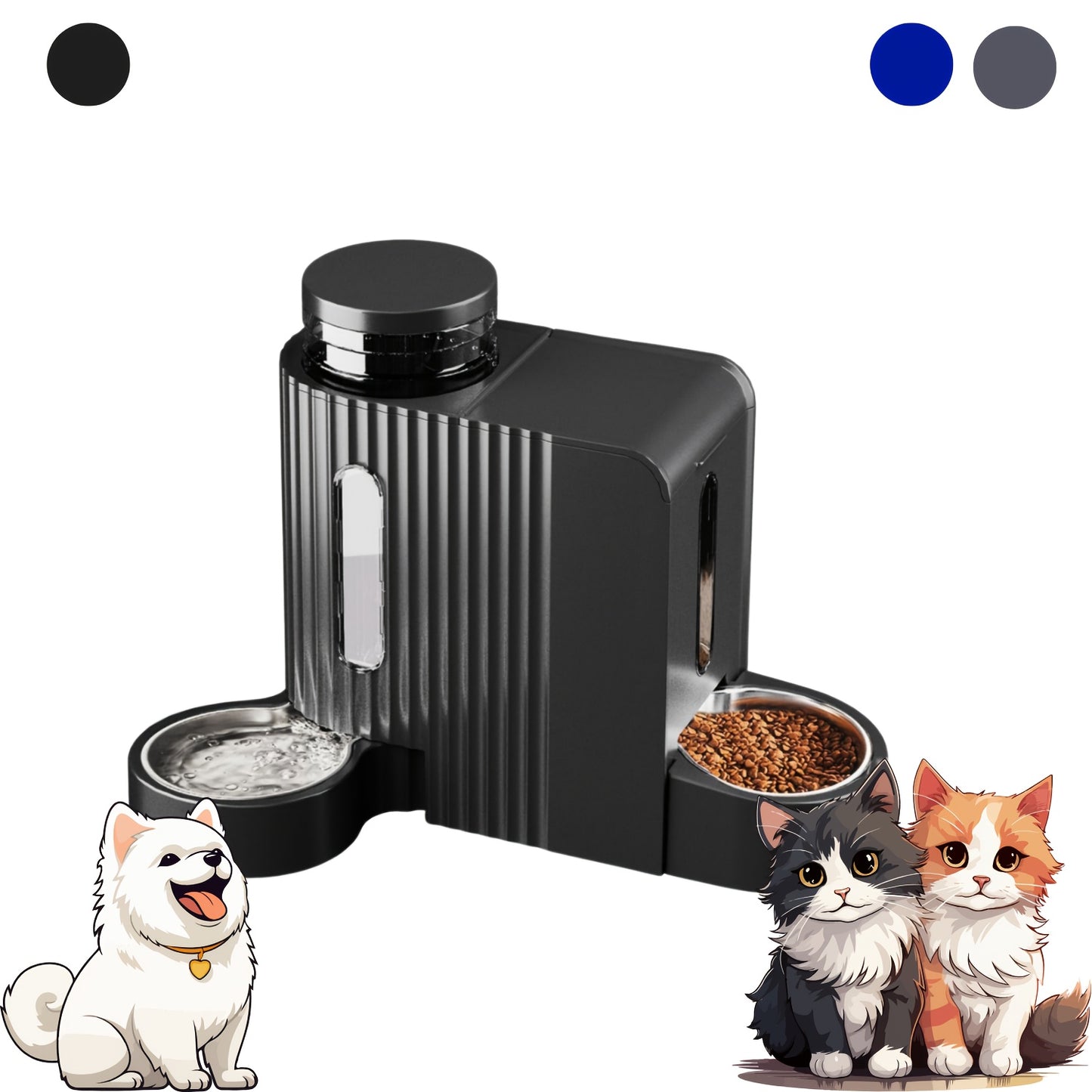 Dog And Cat Food Feeder And Water Dispenser, Two-In-One Set, Automatic Gravity Feeding, 304 Stainless Steel Bowl, Removable And Washable, for Small/Medium/Large Dogs And Cats, 3L Large Capacity, Black, Without Battery