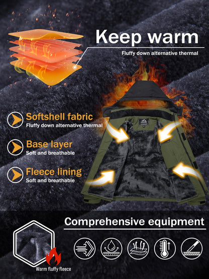 Men'S Ski Jacket Winter Warm Fleece Lined Coats Outdoor Snowboard Thermal Hiking Parka Chest Pockets Hooded Jogging Camping Fishing Climbing Casual Windbreaker