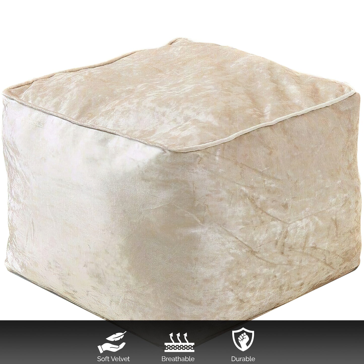 Fully Filled Velvet Bean Bag Footstool – Cube Pouffe Seat, 40×40×30cm, Soft Crush Velvet, Square Shape, Ideal as Foot Rest or Extra Seating