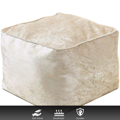 Fully Filled Velvet Bean Bag Footstool – Cube Pouffe Seat, 40×40×30cm, Soft Crush Velvet, Square Shape, Ideal as Foot Rest or Extra Seating