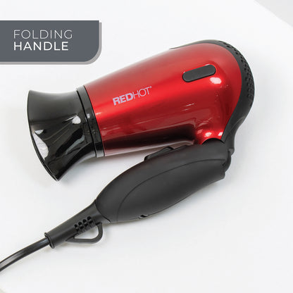 Red Hot 37070 1200W Travel Hair Dryer with Folding Handle/Dual Voltage / 2 Heat Settings/Compact & Lightweight/Red Coloured