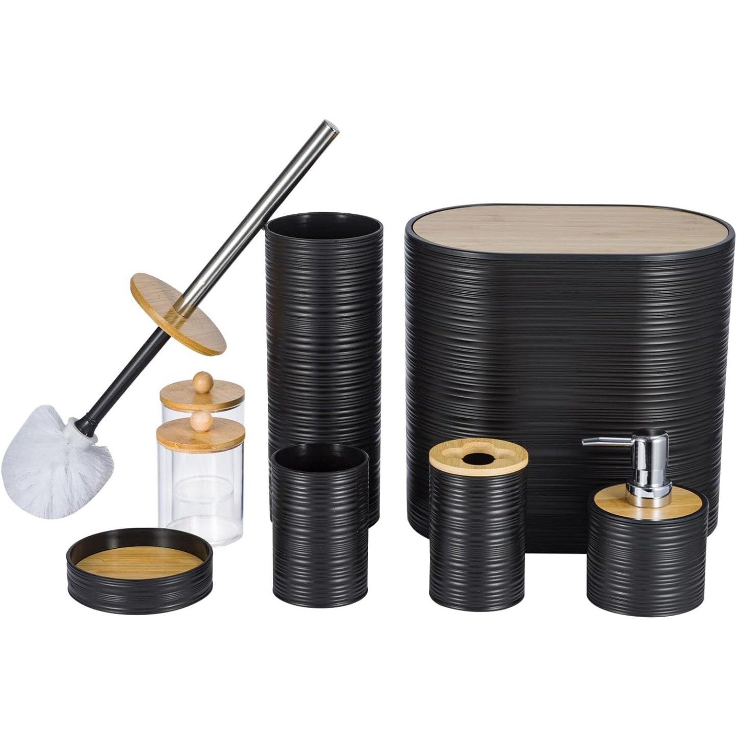 8-Piece Bamboo & Plastic Bathroom Accessories Set, Complete Bathroom Organiser with Toothbrush Holder, Soap Dispenser, Tumbler, Soap Dish, Qtip Holder, Toilet Brush & Waste Bin