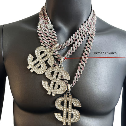 Large and Heavy US Dollar Symbol Pendant,  18K Gold Plated Alloy 18K Gold Plated-plated Cuban Chain Necklace with 12mm Full, Men's Hip-hop Style Ring Combination
