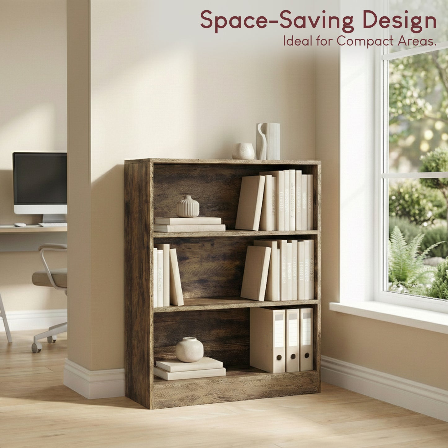 3-Tier Bokcase, Wooden 3 Tier Low Bookcase Wooden Shelving Display Storage Unit Home Office Living Room Bedroom Furniture