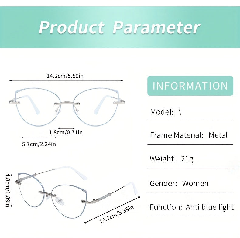 Fashion Cat Eye Frameless Light Sensitive Color Changing Women'S Model with Embedded Sequins Metal Frame Cat Eye Blue Light Transparent Lens Glasses