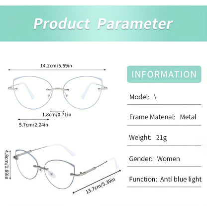 Fashion Cat Eye Frameless Light Sensitive Color Changing Women'S Model with Embedded Sequins Metal Frame Cat Eye Blue Light Transparent Lens Glasses