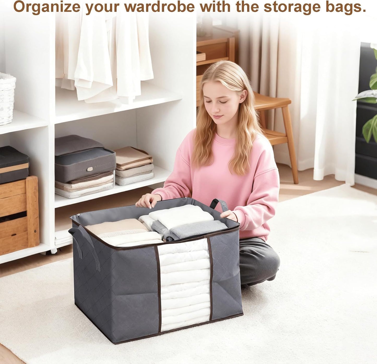 6pcs 90L Large Capacity Fabric Storage Bags for Clothes & Bedding | Foldable Wardrobe Organizers with Handles & Clear Window | Dust & Moisture Protection | Home & Dorm Use