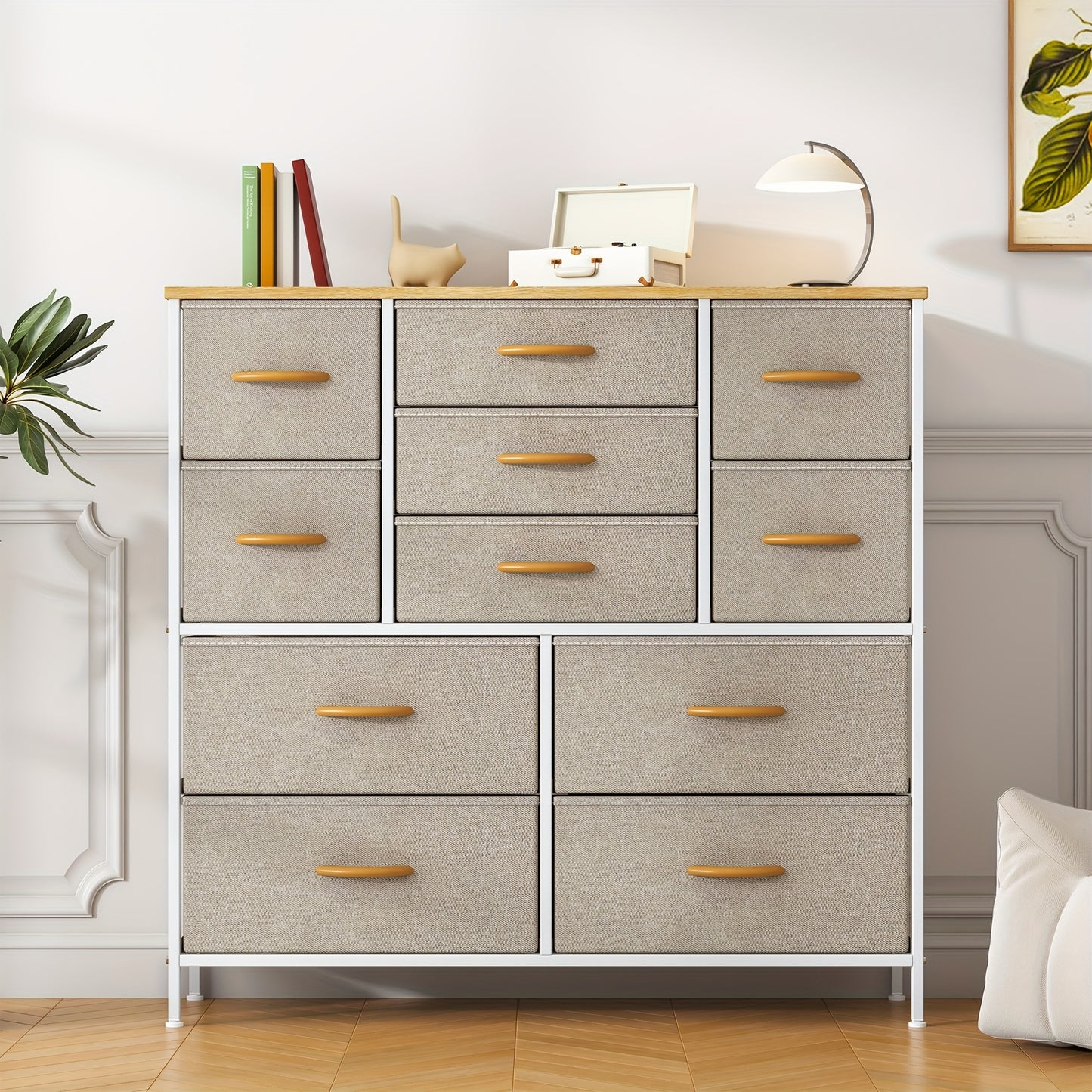 Large 11-Drawer Dresser with Sturdy Metal Frame & MDF Wood Top - Tall Fabric Storage Cabinet with Anti-Tip Design, Adjustable Legs, 68.58cm+ Height, 3.2 Cu Ft Capacity, Black Classic Modern Dresser for Bedroom, Living Room, Office - Easy Assembly, Space-S