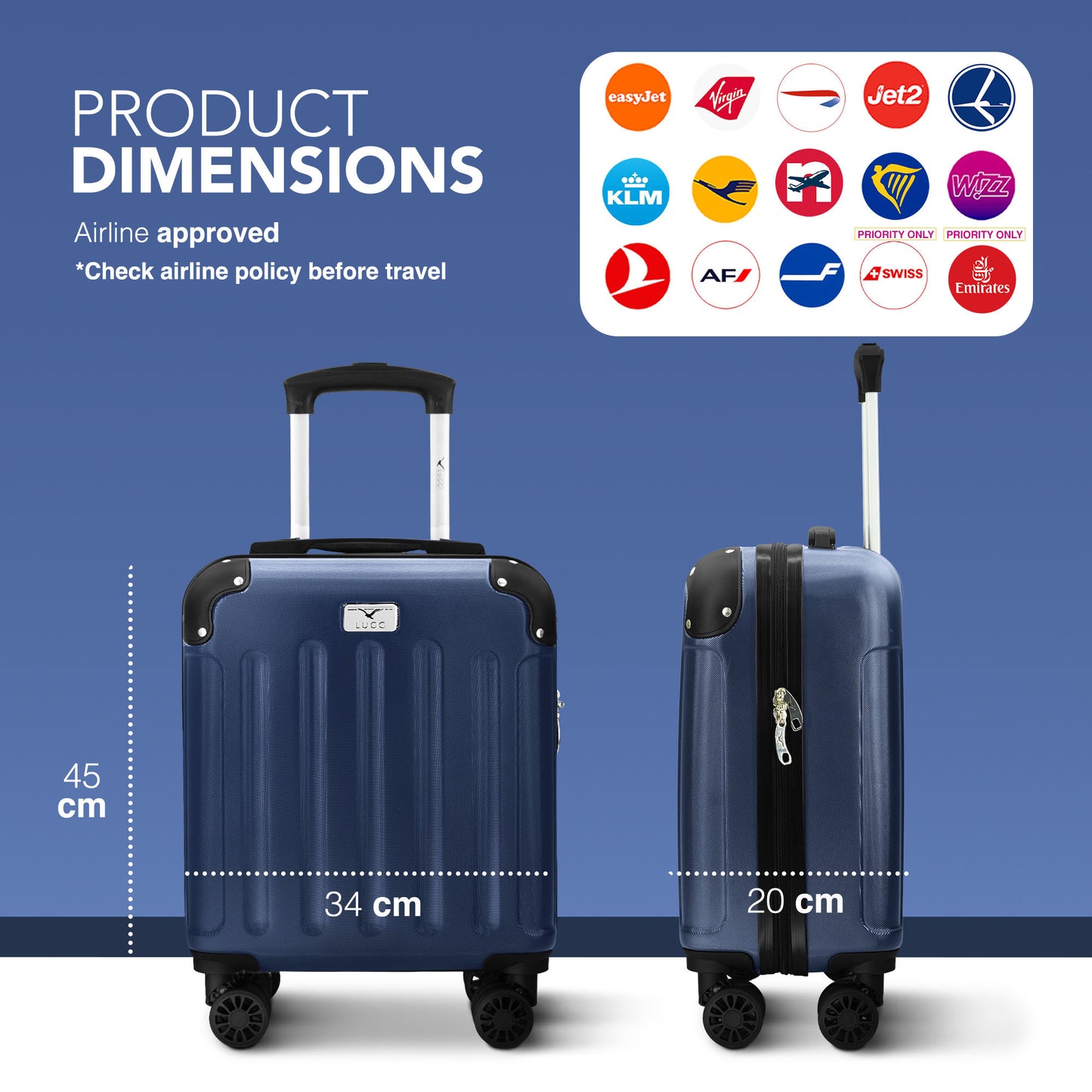 LUGG Skywander 15 Inch (45x34x20cm) Lightweight Underseat Cabin Bag EasyJet Approved Carry-On Suitcase, Durable ABS Hard Shell, Smooth Double Spinner Wheels, Water Resistant & Compact Travel Luggage (45x34x20cm)