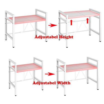 Extendable 2-Tier Microwave Oven Rack Countertop for Kitchen, Microwave Shelf Stand Metal with 6 Hooks, Baker Rack, Adjustable Kitchen Shelf Organizer Black/White