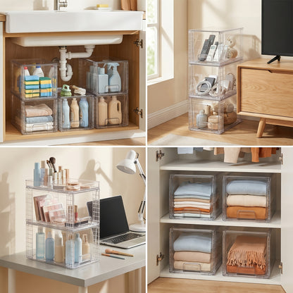 4pcs Food Storage Drawers - Clear Stackable Slide-Out Cabinet Organizers with Lids, Plastic Bins for Pantry, Kitchen, Cabinet, Undersink, Bathroom Organization