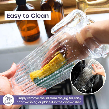 Fridge Jug Glass Water Jug with Lid - Clear Water Pitcher with Ribbed Glass Design & Handle for Fridge Shelf & Everyday - Juices, Pimms & Picnics