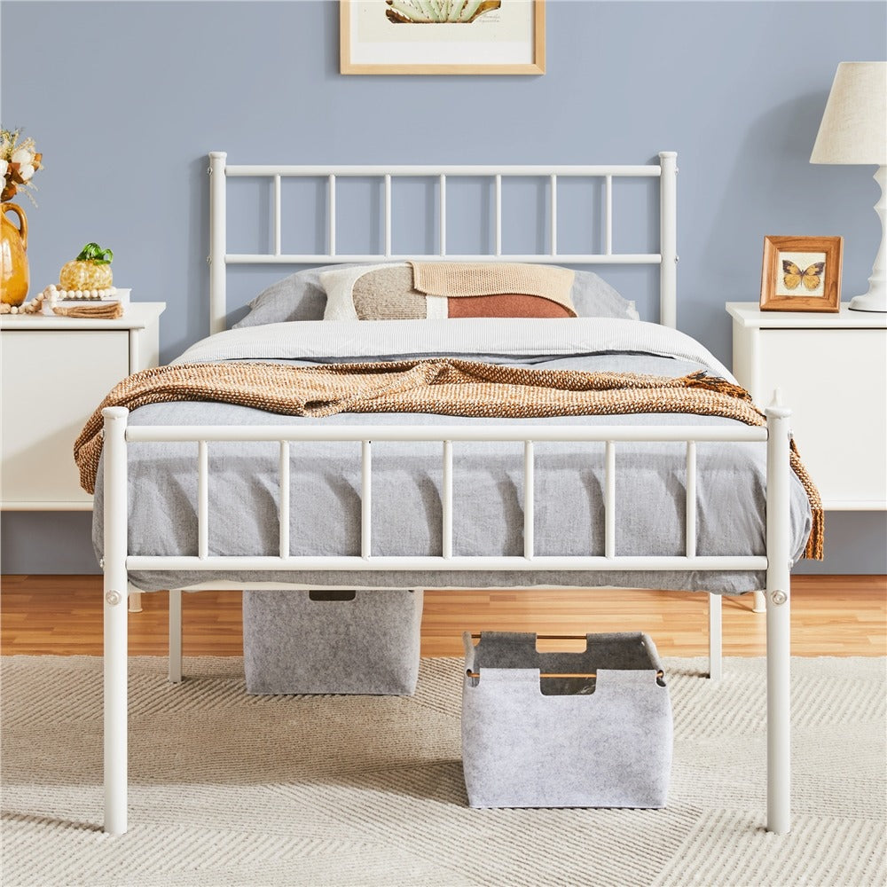 Slatted Headboard Metal Bed Frame Single & Double – 32cm Under-Bed Storage, 204kg Load, No Box Spring Needed, Easy Assembly | Black White Pink Silver