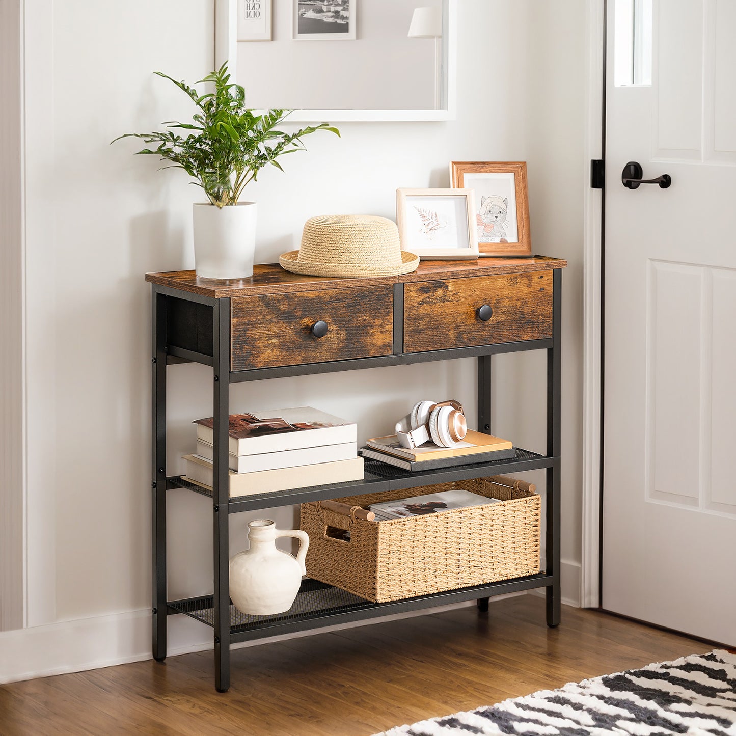 Narrow Console Table Featuring Two Drawers, a Storage Shelf, And a Modern Design, Suitable for The Living Room, Hallway, Entrance, Or Bedroom, in Rustic Brown And Black Colors
