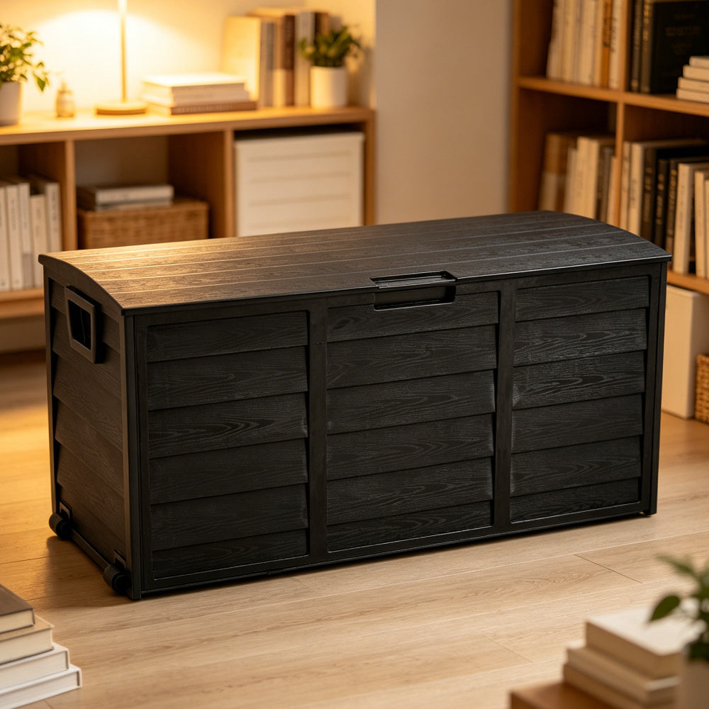 Large Capacity Outdoor Plastic Cushions Storage Box Utility Patio Deck Box with Wheel Lockable Lid Container Case Home Organizer for Parcels, Garden Tools, Clothes, Blankets, Pillows & More 112*49*54cm