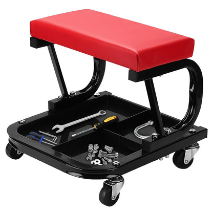 Rolling Mechanic Stool 150kg Capacity Padded Garage Workshop Seat with Tool Tray & Swivel Castors – Heavy Duty Steel Creeper Trolley Chair, Red, 35x35x37cm