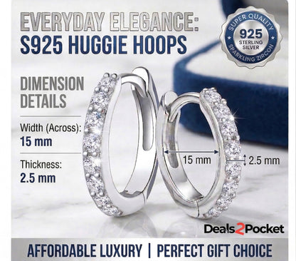1 Pair S925 Sterling Silver Huggie Hoop Earrings For Women, Sparkling Zircon Small Hoops, 15mm Minimalist Hypoallergenic Jewelry, Everyday Elegance, Perfect Birthday/Anniversary Gift For Her