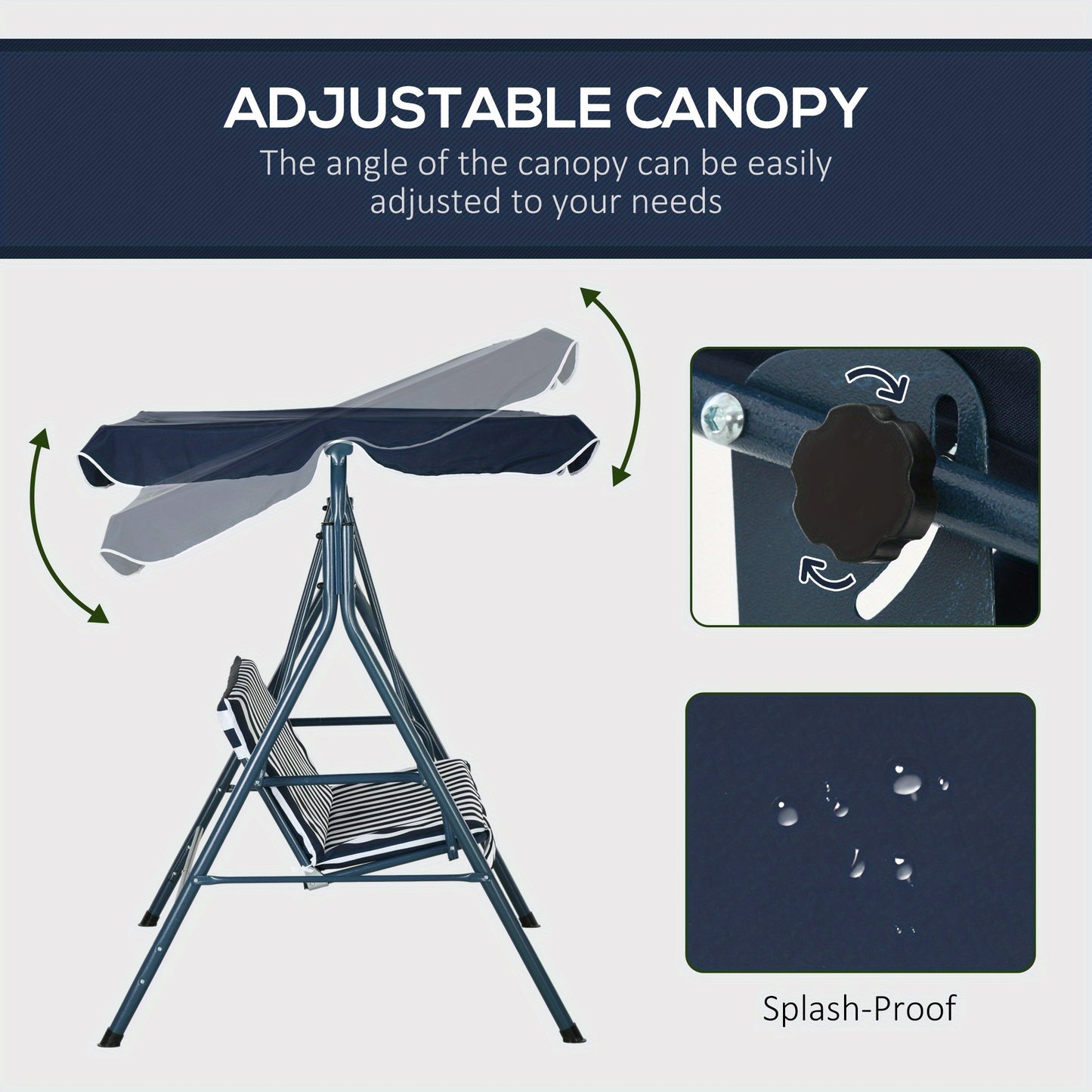 Three-Person Swing Chair Featuring an Adjustable Canopy, a Garden Swing Seat with a Steel Frame, And a Padded Seat in Blue And White
