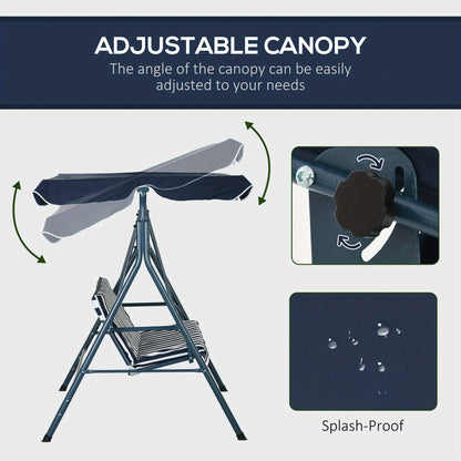 Three-Person Swing Chair Featuring an Adjustable Canopy, a Garden Swing Seat with a Steel Frame, And a Padded Seat in Blue And White