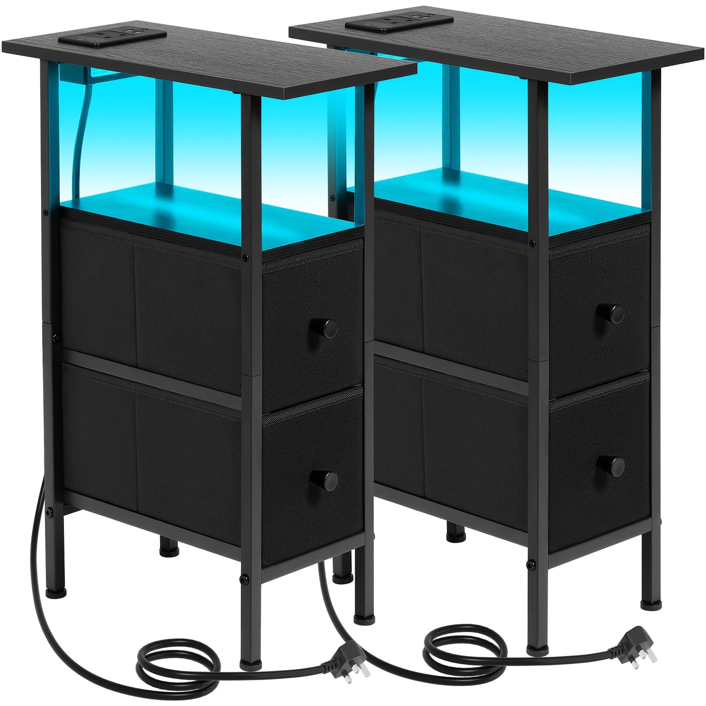 AMHANCIBLE 1/2pcs Narrow Side Table with 2 Fabric Drawers, Open Storage Shelf with Light Strip And Charging Station for Small Space, Metal Frame, Rustic Brown, Black