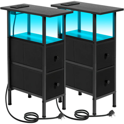 AMHANCIBLE 1/2pcs Narrow Side Table with 2 Fabric Drawers, Open Storage Shelf with Light Strip And Charging Station for Small Space, Metal Frame, Rustic Brown, Black