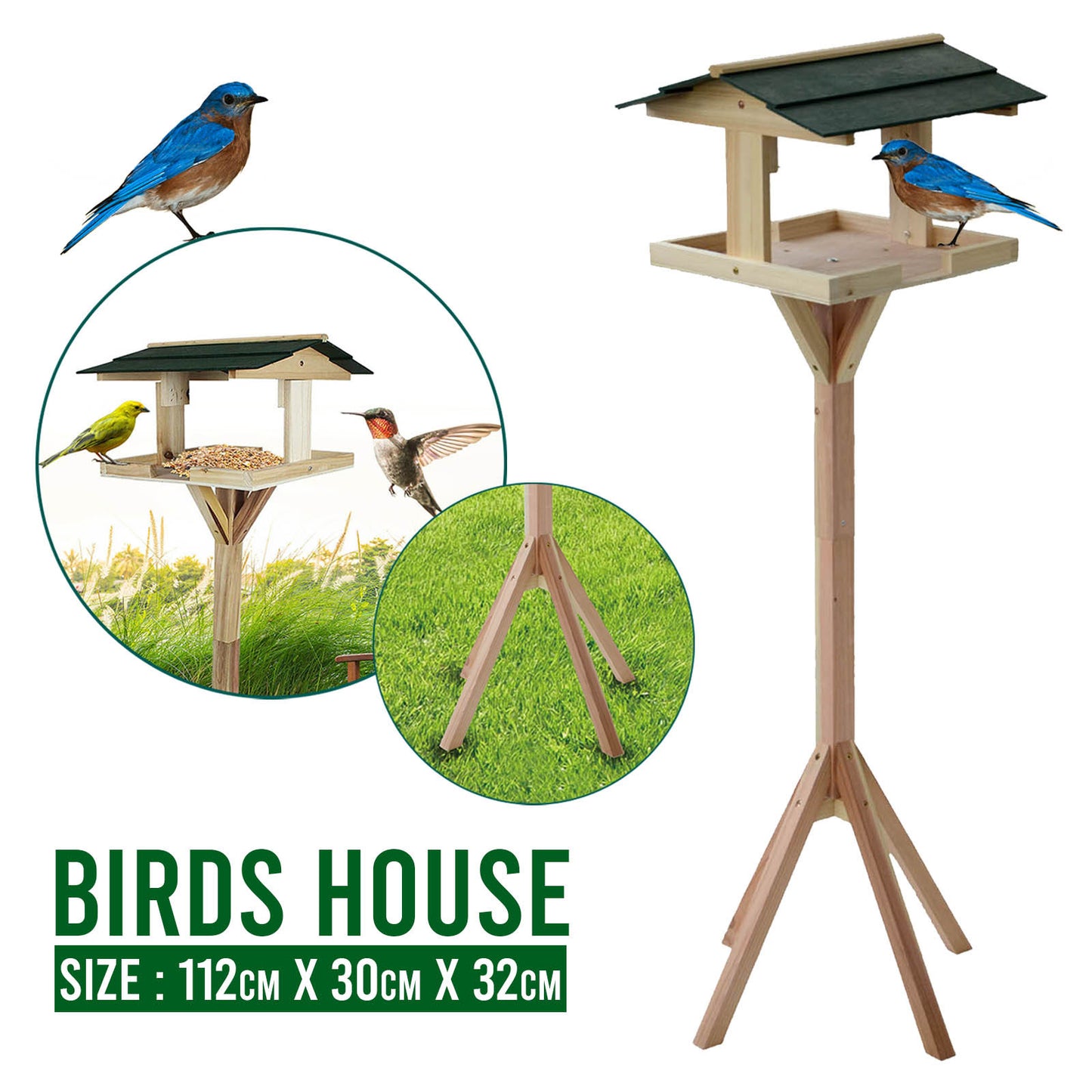 Wooden Bird Table Feeding Station - Heavy Duty Wood Bird Feeder Table for Outdoor Garden - Complete Wild Free Standing Bird Food House