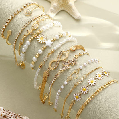 [Rhinestone Bracelet Set] 13pcs Multi-element Chain Bracelet Set - Multi-layer Stackable Floral, Star, Butterfly, and Heart Rhinestone Bling-bling Sparkling Round Bead Geometric Figure-8 Infinity Beaded, Fashionable Bohemian Style, Elegant and Exquisite V