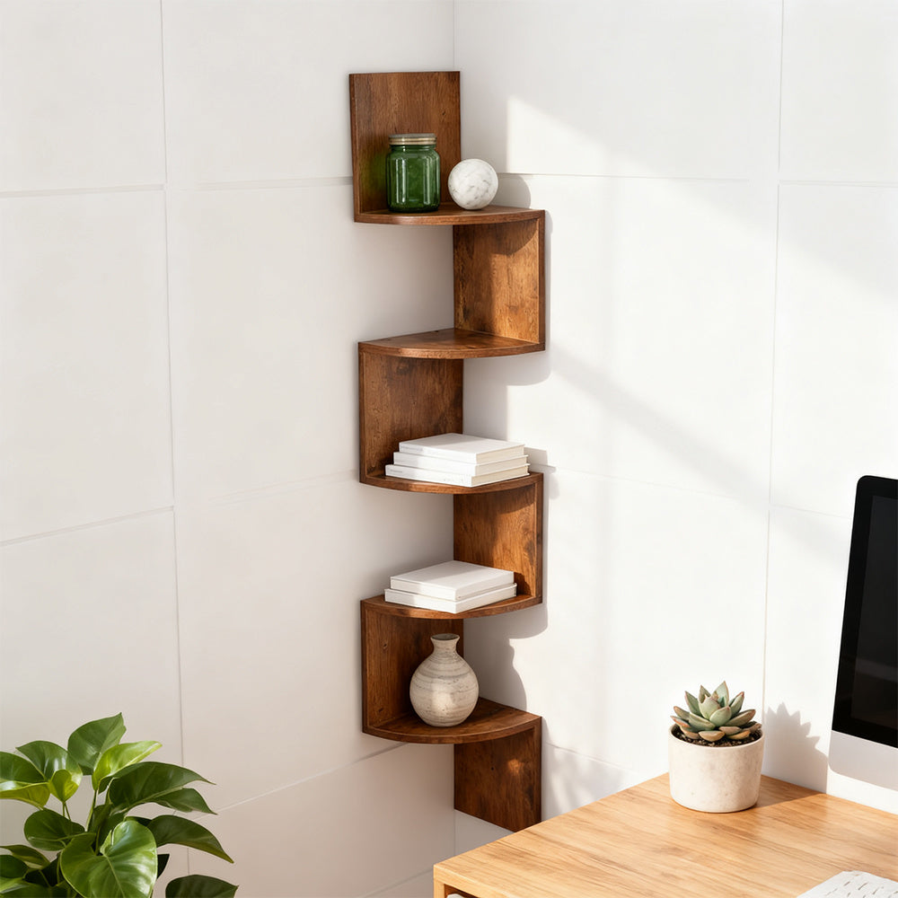 1pc 5-Tier Wooden Corner Shelf - Space-Saving Floating Bookcase & Display Stand | Easy Assembly Storage Rack for Books, Plants & Decor in Living Room, Office & Bathroom