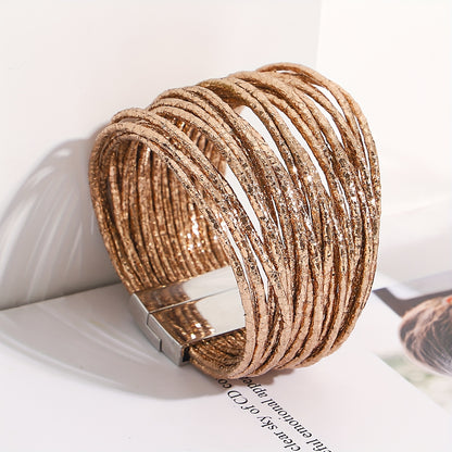 1pc Slim Stripes Wide Multilayer Wrap Bracelet Metallic Shiny Glitter Artificial Leather Cuff with Magnetic Clasp Jewelry for Men Women Holiday Party Birthday Gifts