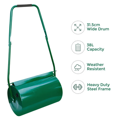 Heavy Duty Garden Grass Lawn Roller - Large Water or Sand Filled Drum, Galvanized Steel Construction, Scraper Bar & Collapsible Handle for Levelling Uneven Ground - Green