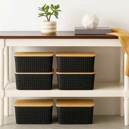 6-Pack Black Stackable Storage Bins with Bamboo Lids – Modern Lidded Plastic Boxes for Kitchen, Bathroom, Office, or Wardrobe Organization