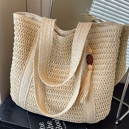 Elegant Large Capacity Woven Tote Bag | Fixed Shoulder Straps, Zipper Closure, Ideal for Daily Commute, Shopping, And Travel, Perfect Lily Brand