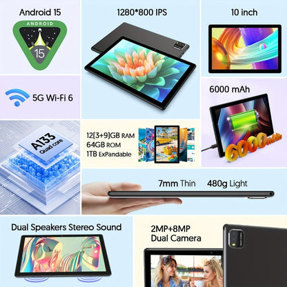Android 15 Tablet 10 Inch 12GB RAM 64GB ROM 1TB Expansion 6000mAh Battery Dual Camera 5G WiFi HD Touch Screen with Optional Keyboard Mouse Case Stylus