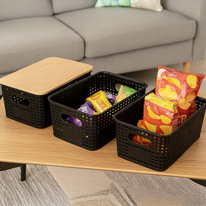 6-Pack Black Stackable Storage Bins with Bamboo Lids – Modern Lidded Plastic Boxes for Kitchen, Bathroom, Office, or Wardrobe Organization