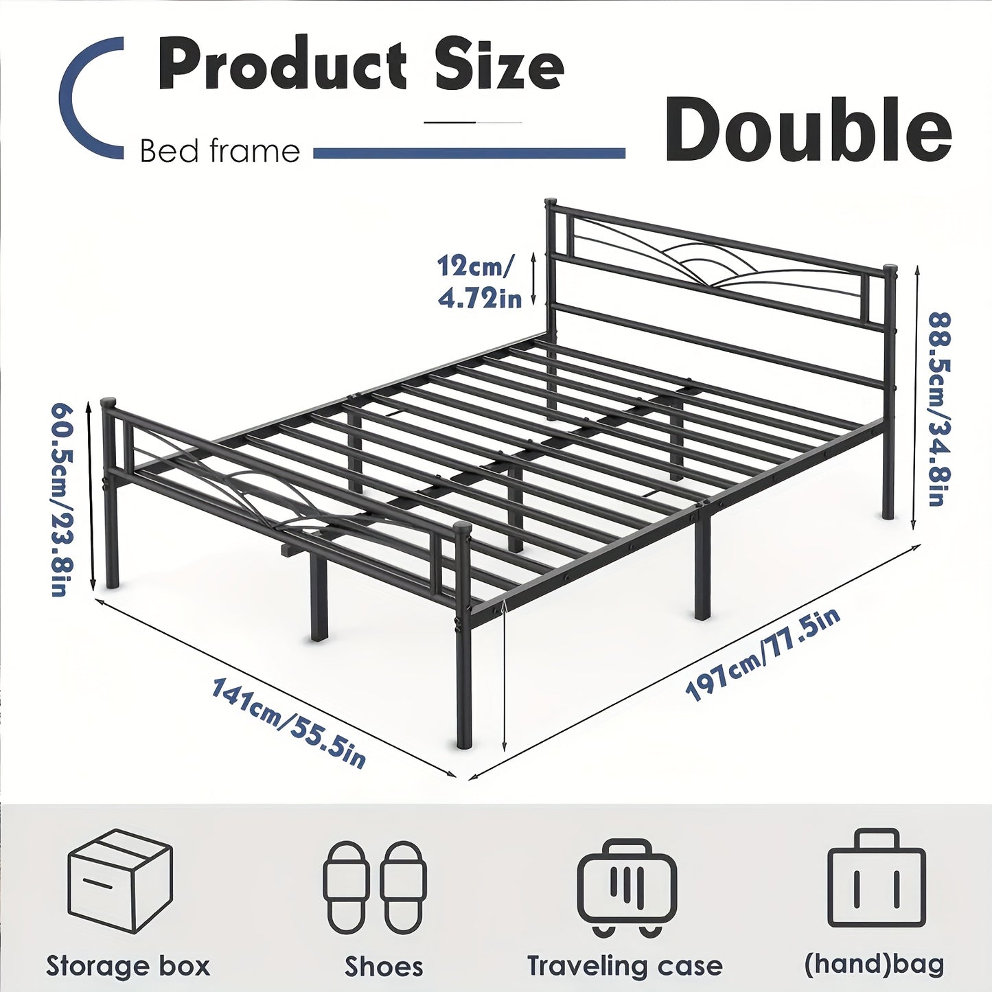 Minimalist Black Metal Bed Frame with Patterned Headboard – Solid Steel, Noise-Free, Fits Multiple Mattress Sizes, for Bedroom, Dorm & Rental Room