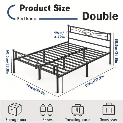 Minimalist Black Metal Bed Frame with Patterned Headboard – Solid Steel, Noise-Free, Fits Multiple Mattress Sizes, for Bedroom, Dorm & Rental Room