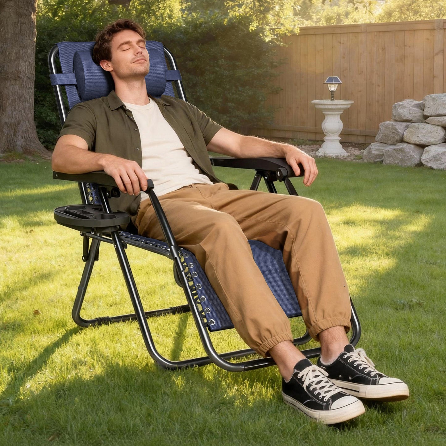 2pcs Zero Gravity Chairs, Fabric Foldable Patio Chairs Outdoor, Lounge Camping Chairs with Padded Pillow, Armrest, Footrest and Cup Holder - Textilene Fabric