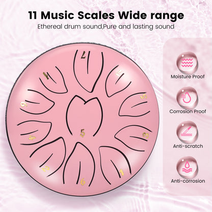 Steel Tongue Drum 11 Note 6 Inches D-Key Rain Drums for Garden,Handpan Drums with Music Book, Mallets and Carry Bag,Percussion Instrument Gift for Meditation Musical Education Mind Healing
