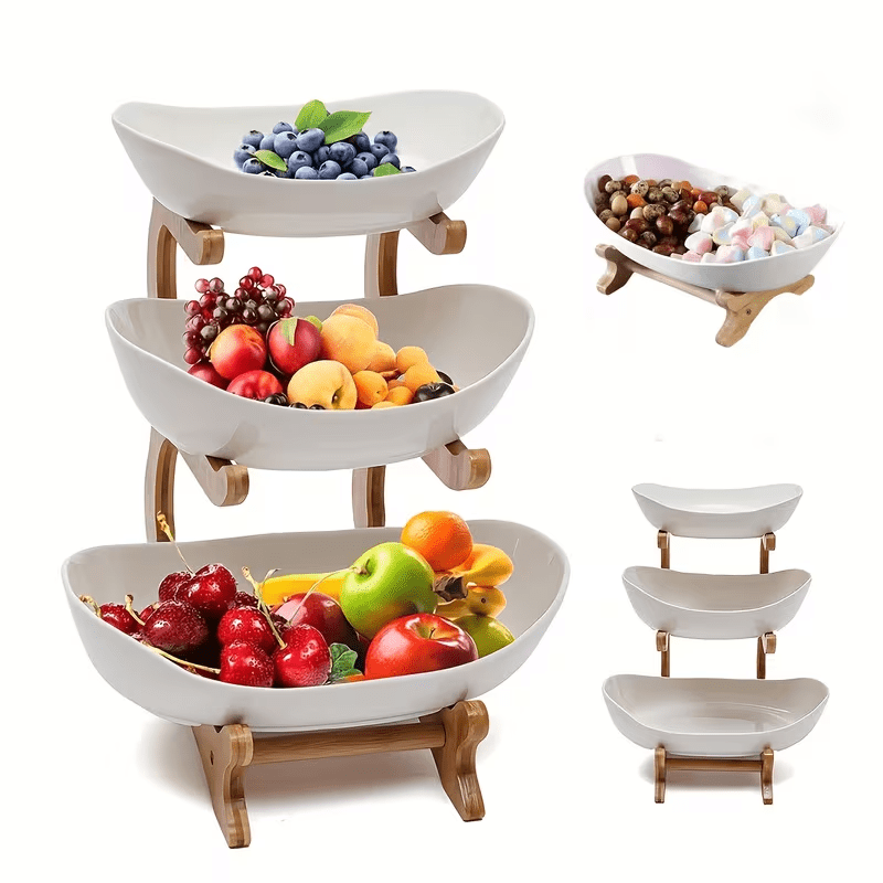 Wooden 3-Tier Fruit and Vegetable Basket with Wooden Legs - Versatile Kitchen Organizer for Fruits, Vegetables, and Iced Food - Perfect for Refrigerator Storage, Fruit Basket for Kitchen