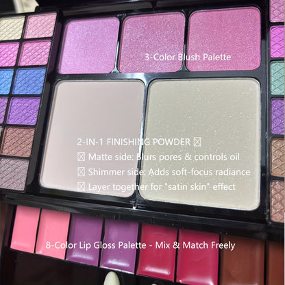 All-in-one Multifunctional Makeup Kit, Featuring 49-shade Eyeshadow Palette, Waterproof Nude Lipstick, Blush, and Setting Powder. The Complete Makeup Set Includes 36 Eyeshadow Shades + 3 Blush Shades + 2 Powder Shades + 8 Lip Gloss Shades