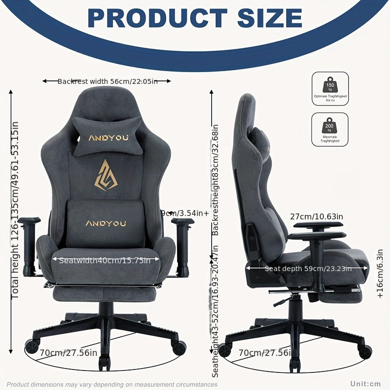 ANDYOU Gaming Chair, Breathable Office Chair, High Quality Fabric Soft Like Faux Fur. Ergonomic PC Chair, Adjustable Swivel Work Chairs with Footrest