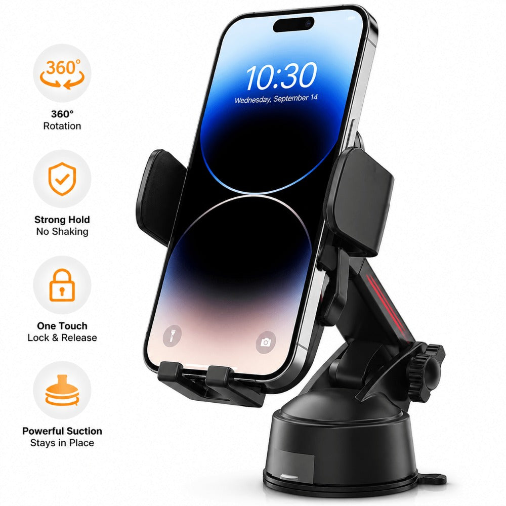Car Phone Mount with Suction Cup & Quick-Release Button, Anti-Shake Flexible Long Arm Dashboard Holder for Hands-Free Navigation – Universal 360° Windscreen & Dashboard Phone Cradle for UK Drivers
