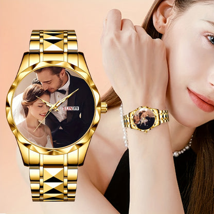 [Customizable Quartz Watch] Customizable Quartz Watch Classic Round Dial Comes with a Beautiful Gift Box And Strap Adjuster Send to Staff Send to Family Send to Friends Send to Girlfriend First Choice Customized Gift Customize Your Favorite Picture