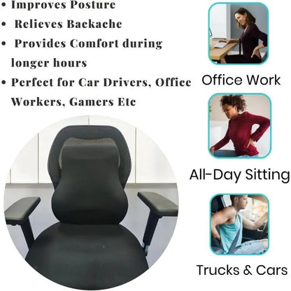 Lumbar Support Cushion - Back Support For Office Chair, Car Seat, Gaming Chair & Home Use – Chair Pillow with Adjustable Strap & Washable Cover