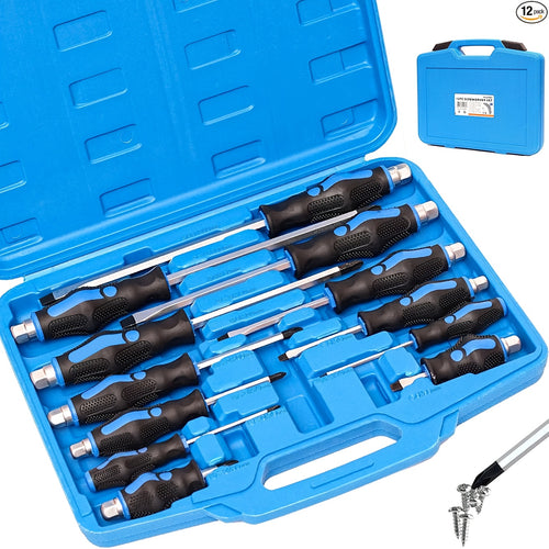 12pcs Magnetic Screwdriver Set, Heavy Duty Screwdriver Set Go-Thru Steel Blades, Professional Level Handle With Two Types Of Screwdrivers In Case, Includes Phillips/Flat
