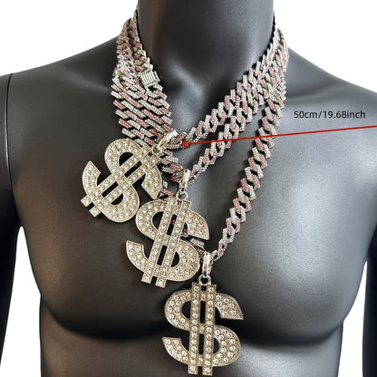 Large and Heavy US Dollar Symbol Pendant,  18K Gold Plated Alloy 18K Gold Plated-plated Cuban Chain Necklace with 12mm Full, Men's Hip-hop Style Ring Combination