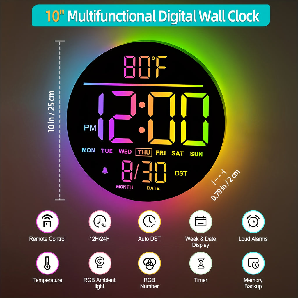 A Large 10-Inch Digital Wall Clock with 10-Inch Featuring RGB Colors, Remote Control - product gallery image 2