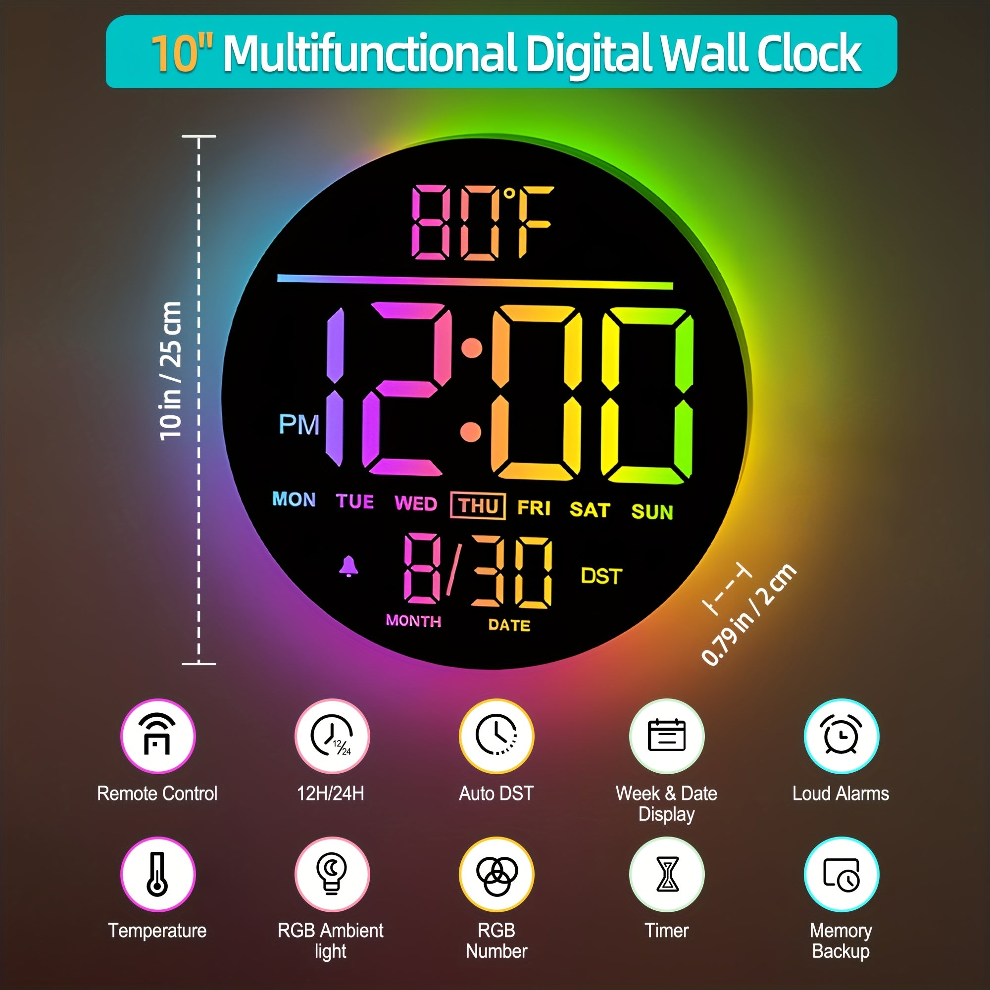 A Large 10-Inch Digital Wall Clock with 10-Inch Featuring RGB Colors, Remote Control - product gallery image 2